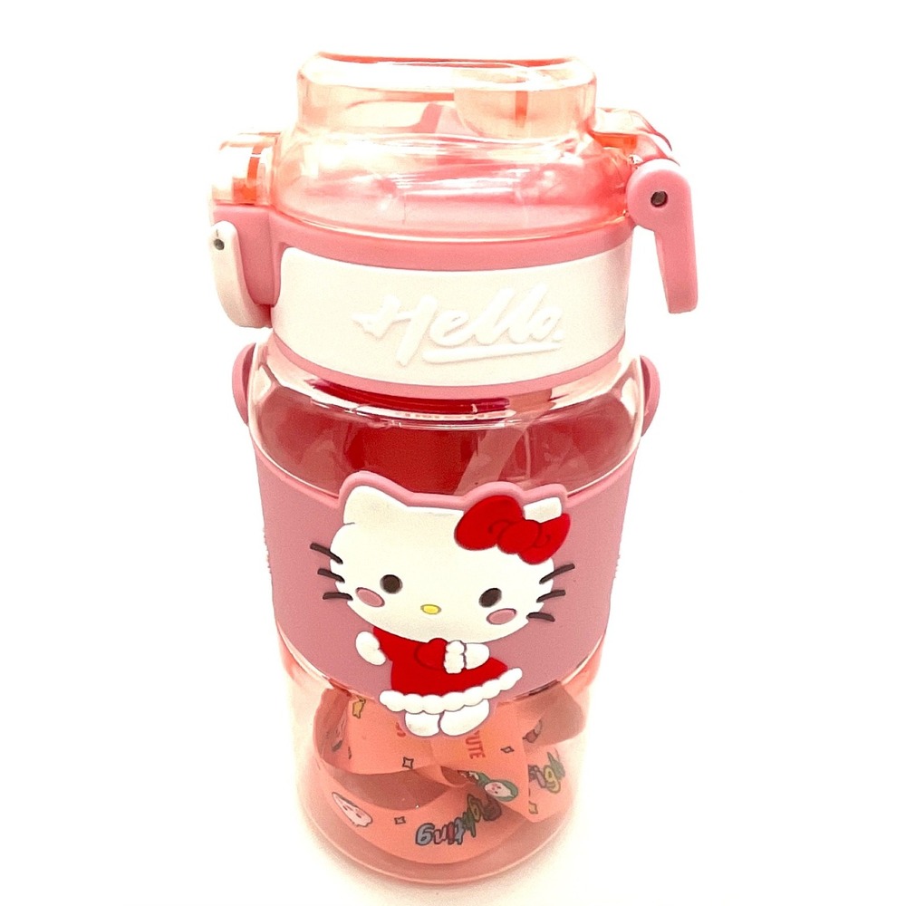 Kitty Kids Pink 20oz Water Bottle, Flip Top, Straw, & Carry Strap